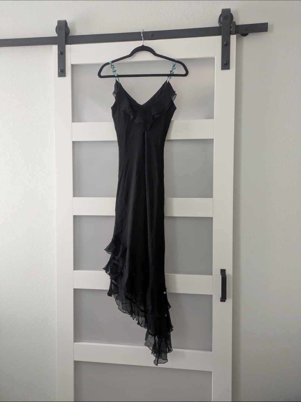 Mixit Black Asymmetrical Ruffle Slip Dress with Teal Bead Accents - Picture 2 of 6